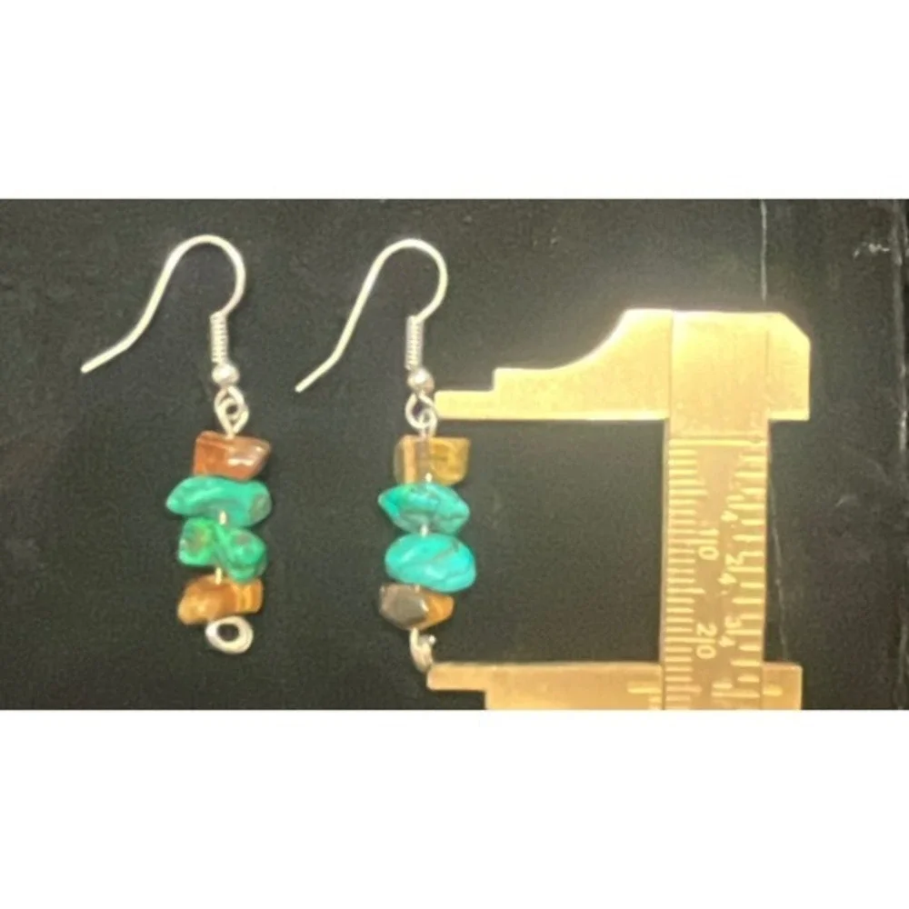 Turquoise and Tigers Eye Dangle Earrings Silver Plated Tone Boho Chip Stone Hook